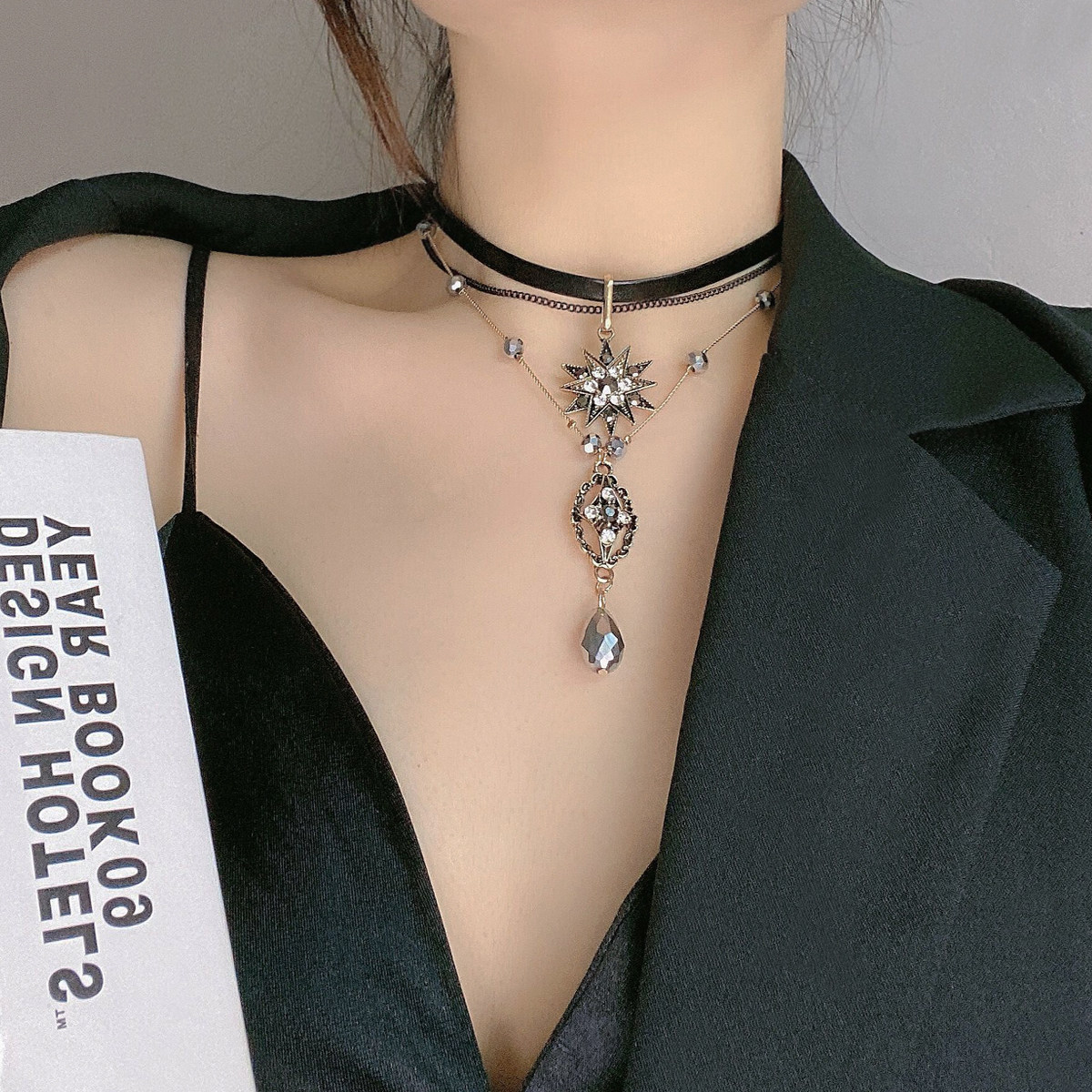 复古巴洛克哥特水晶多层皮质项链choker气质女神项链