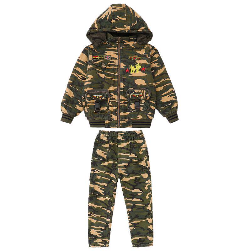 儿童迷彩服套装男童冬装加绒棉服中小小童洋气套装