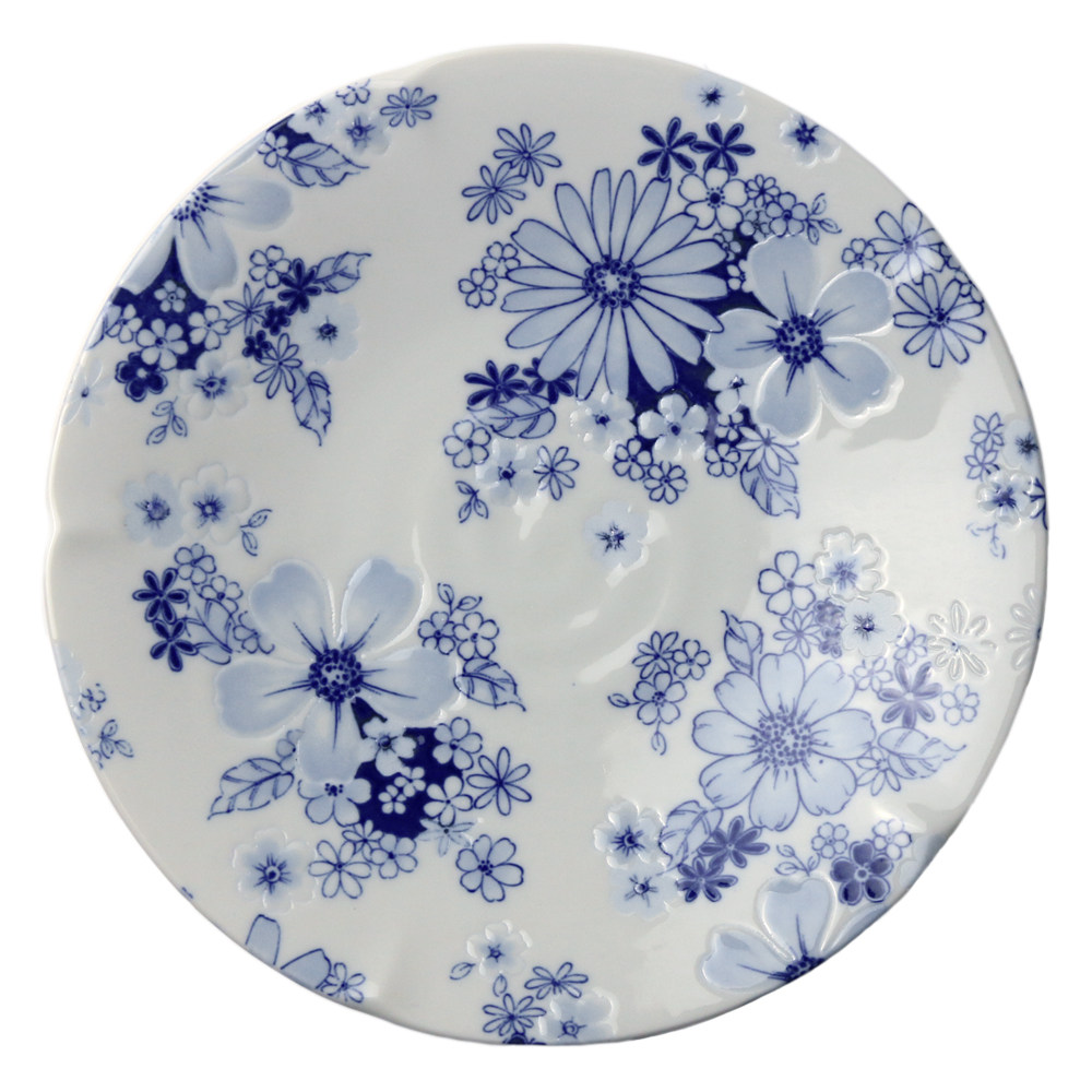 日本进口陶瓷花集有古浮雕青花瓷日式美浓烧平盘盘