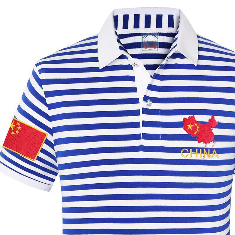 海魂衫蓝白条纹翻领夏季短袖海军风纯棉刺绣国旗t恤