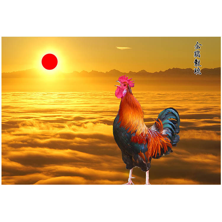 金鸡报晓风水日出红太阳大红红公鸡贴画生肖图吉现代装饰画