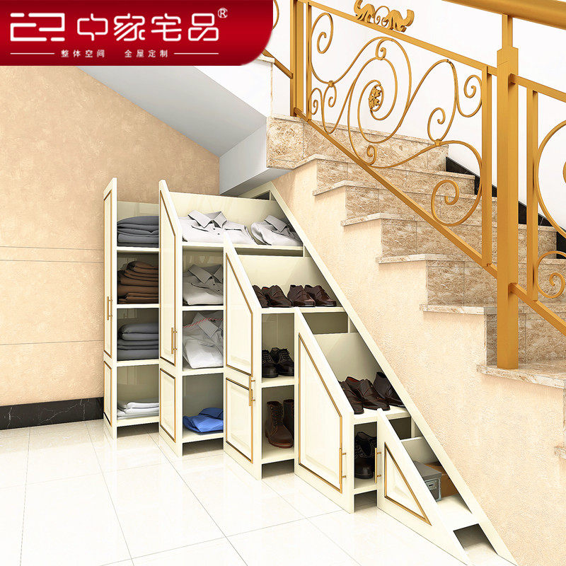 别墅高端楼梯柜定制美式烤漆门抽屉式鞋柜储物柜欧式描金定做新品