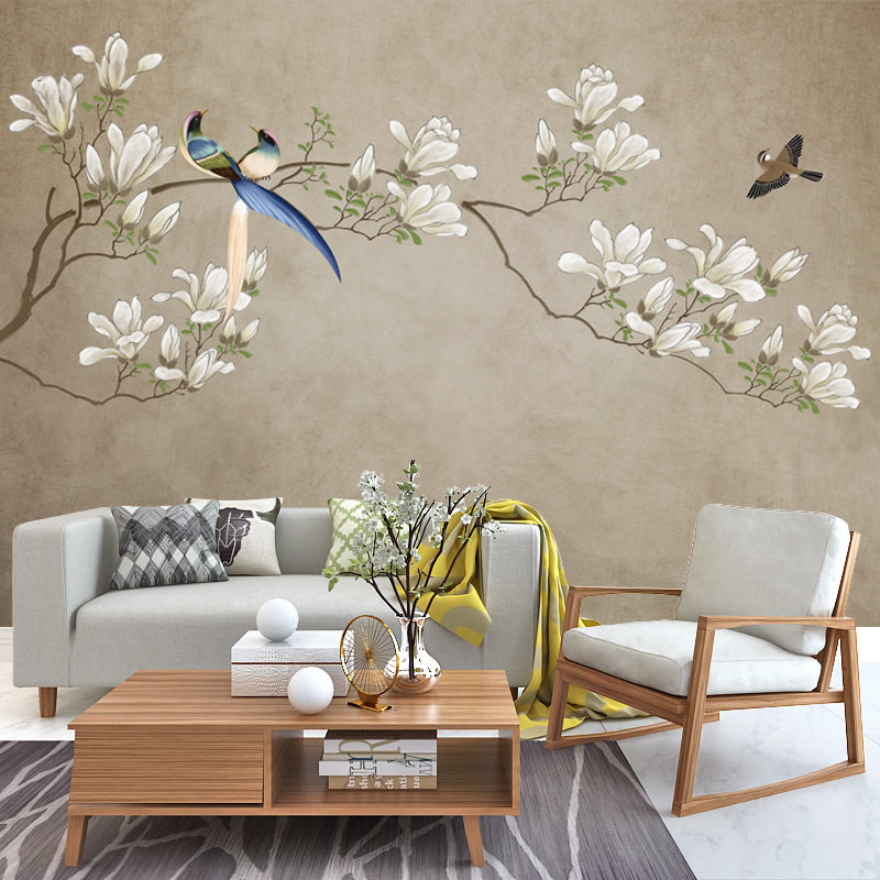 玉兰花墙纸 电视背景墙定制壁画新中式客厅无缝墙布花鸟深色壁纸