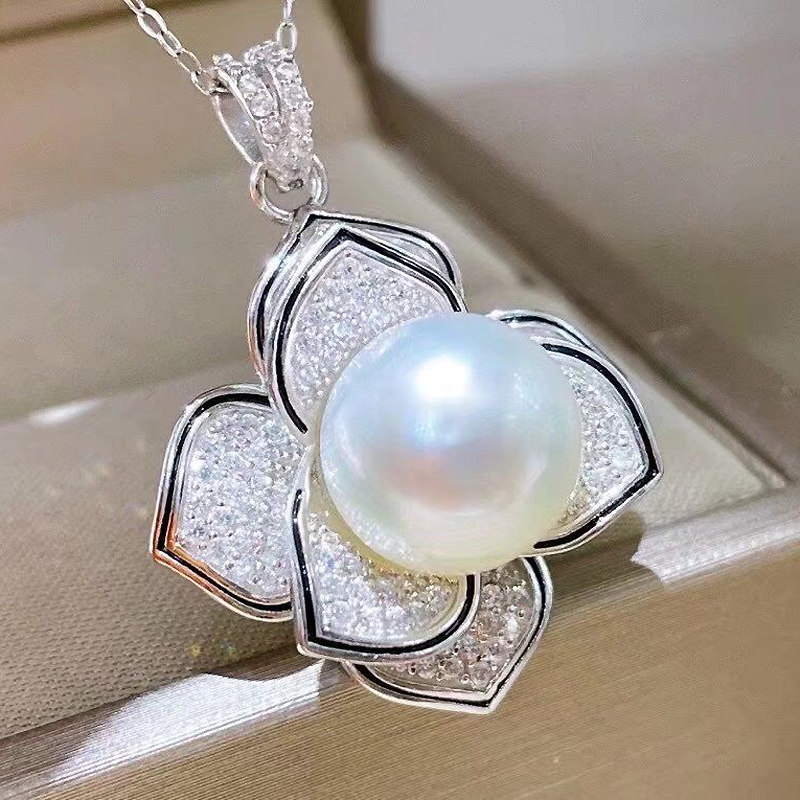 珍妮珠宝白色淡水珍珠吊坠单颗银立立体山茶花颈饰