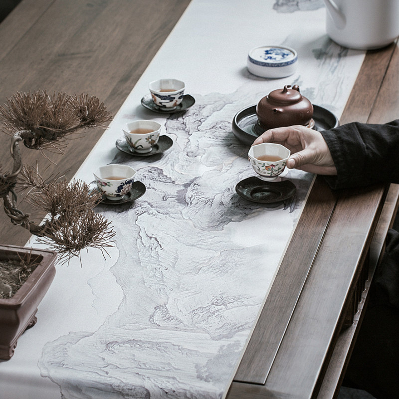 云术中国国风国画桌旗禅意防水茶道布艺麻布茶道