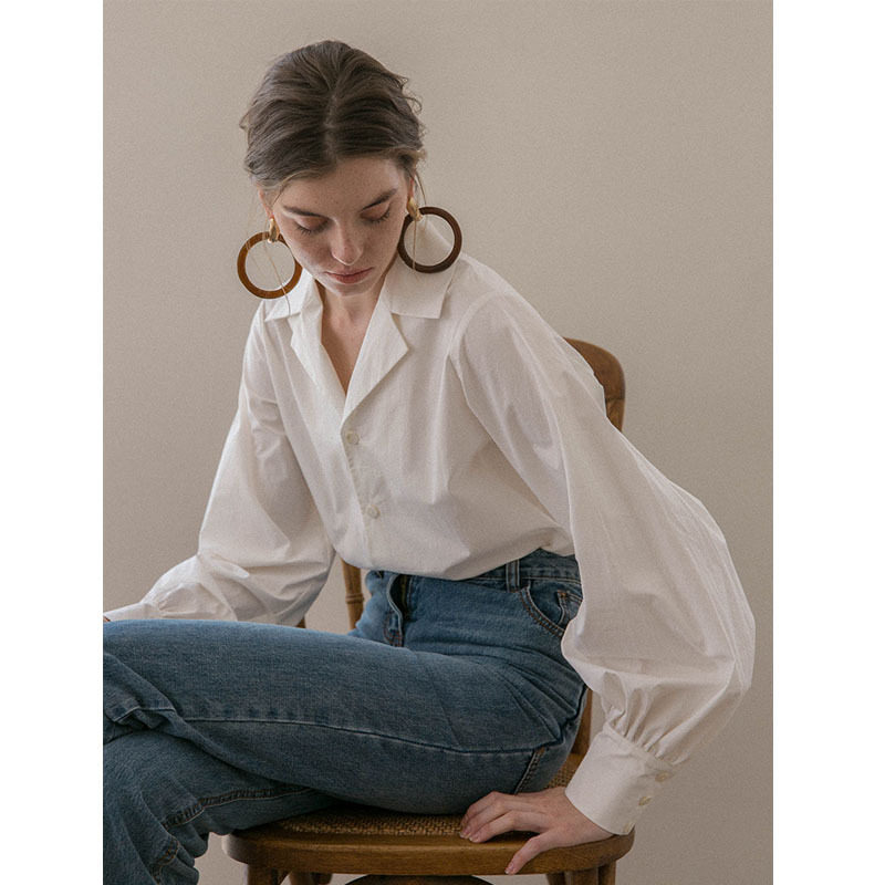 法式西装衬衫灯笼白色衬衣复古气质翻领小众衬衫