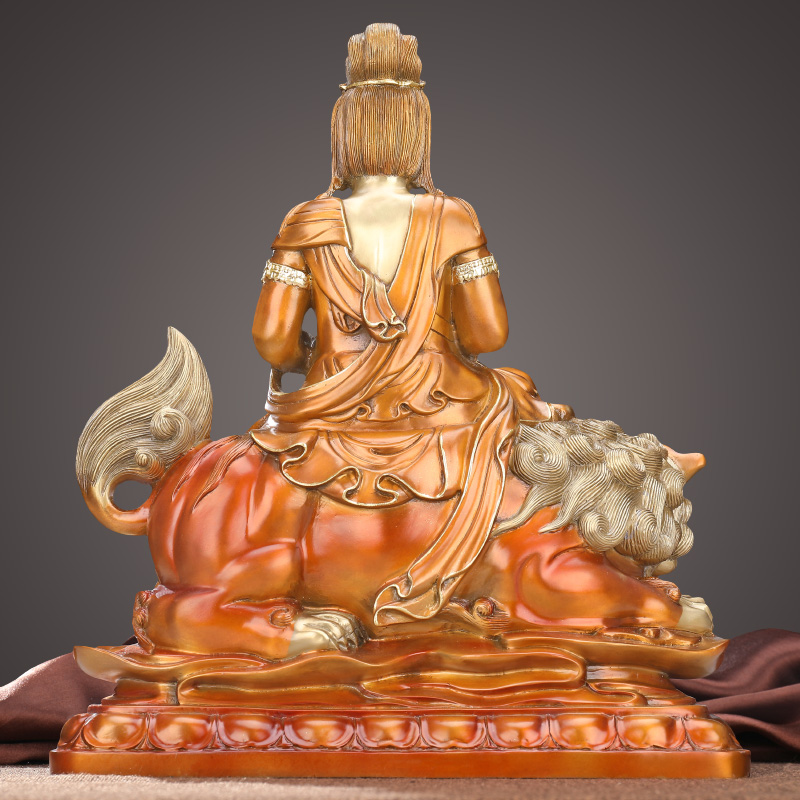 纯铜文殊菩萨佛像摆件彩铜坐骑狮子文殊神像居家佛堂供奉家宅平安