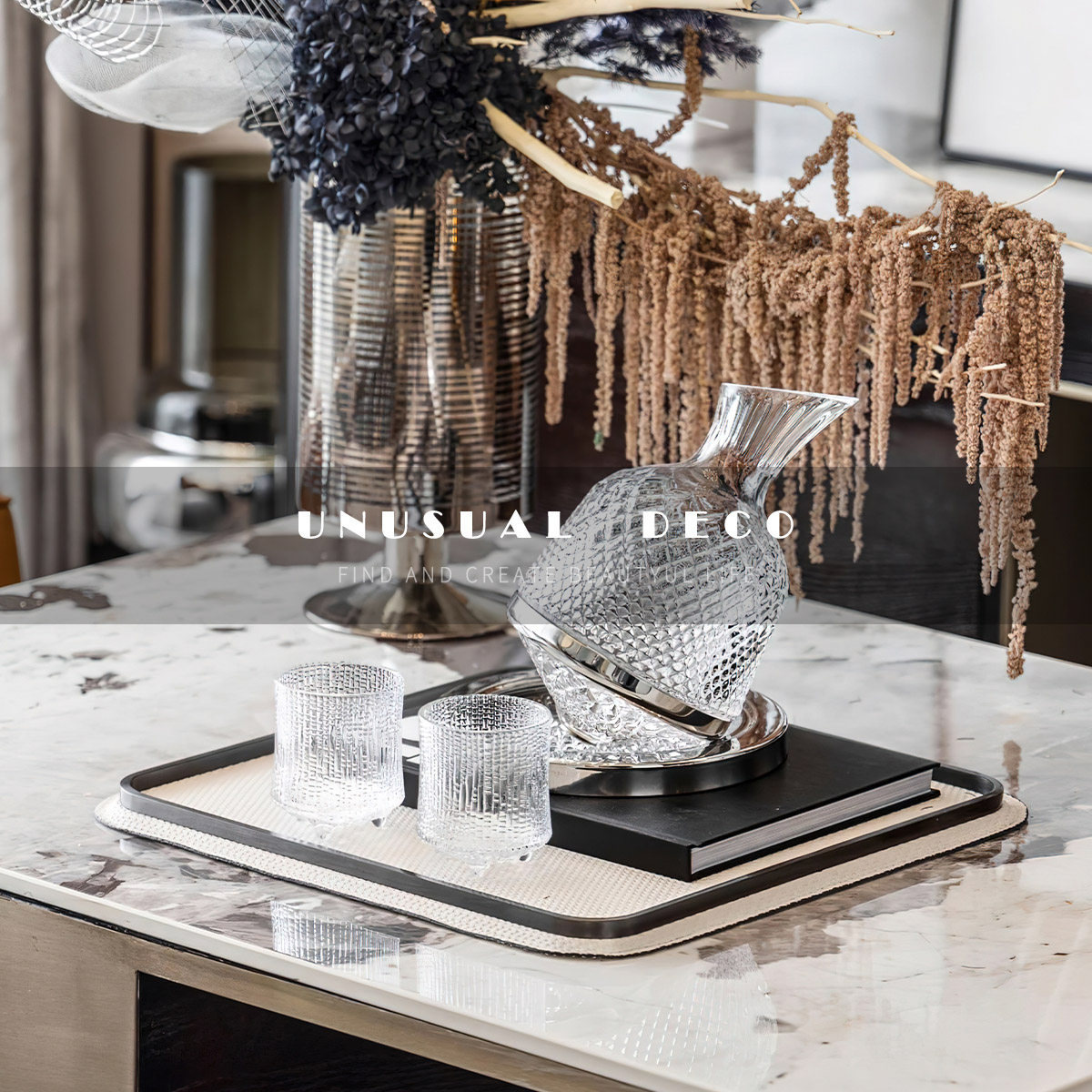 极简现代轻奢雕花陀螺醒酒酒器托盘组合饰品装饰摆件