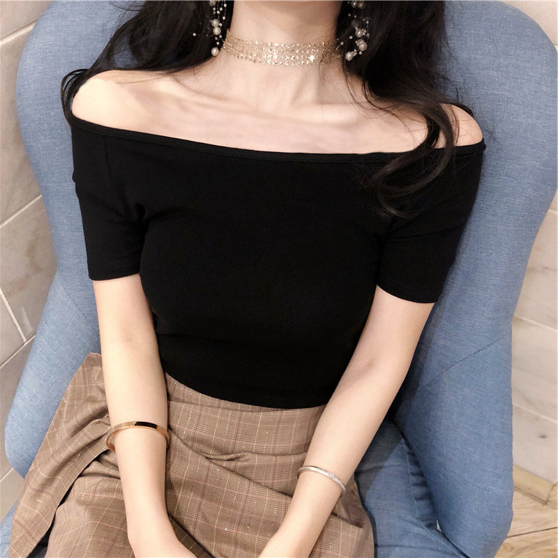 平肩设计网红白色漏背露肩心机上衣小心紧身t恤