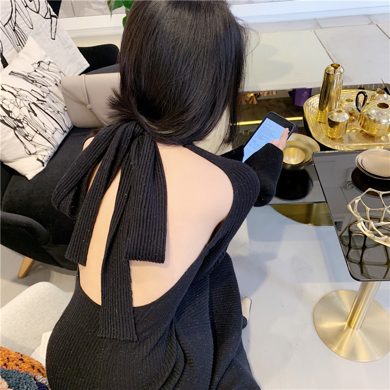 chaiwofong方齐禾 露背绑带性感温柔气质亮丝针织连衣裙女
