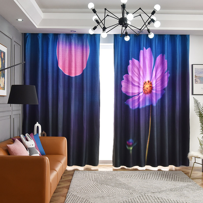 紫色高贵花朵图案创意印花窗帘浪漫温馨卧室定制窗帘