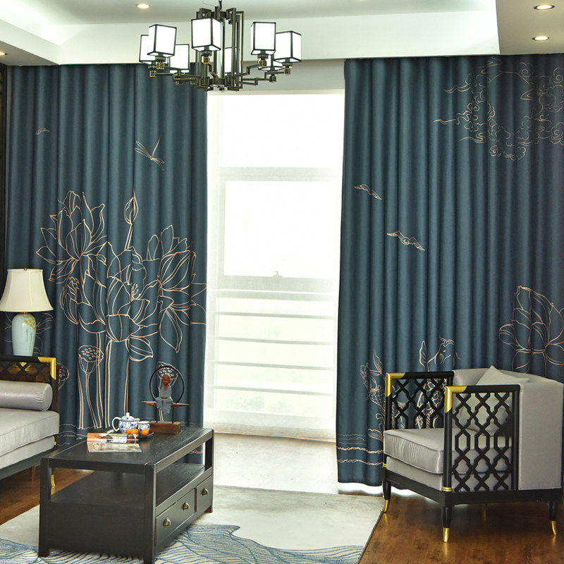 中式荷花招财鱼新客厅遮光窗帘卧室2022年新款定制窗帘