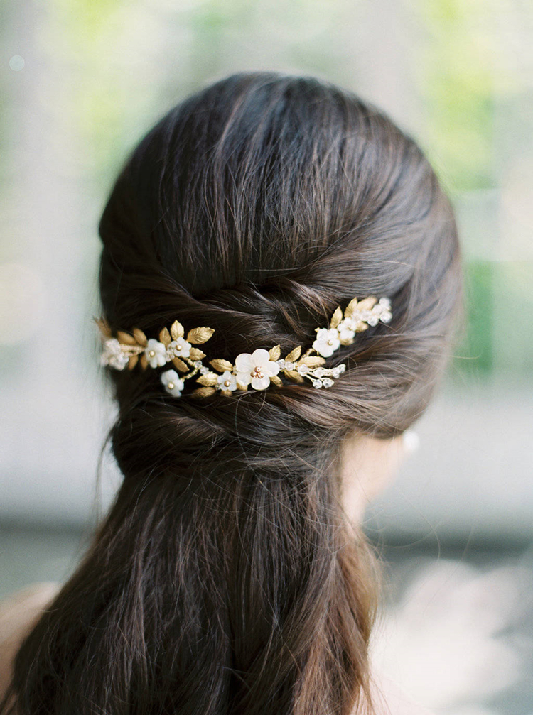 贝壳雕花短发新娘唯美浪漫花朵金叶发饰造型发饰