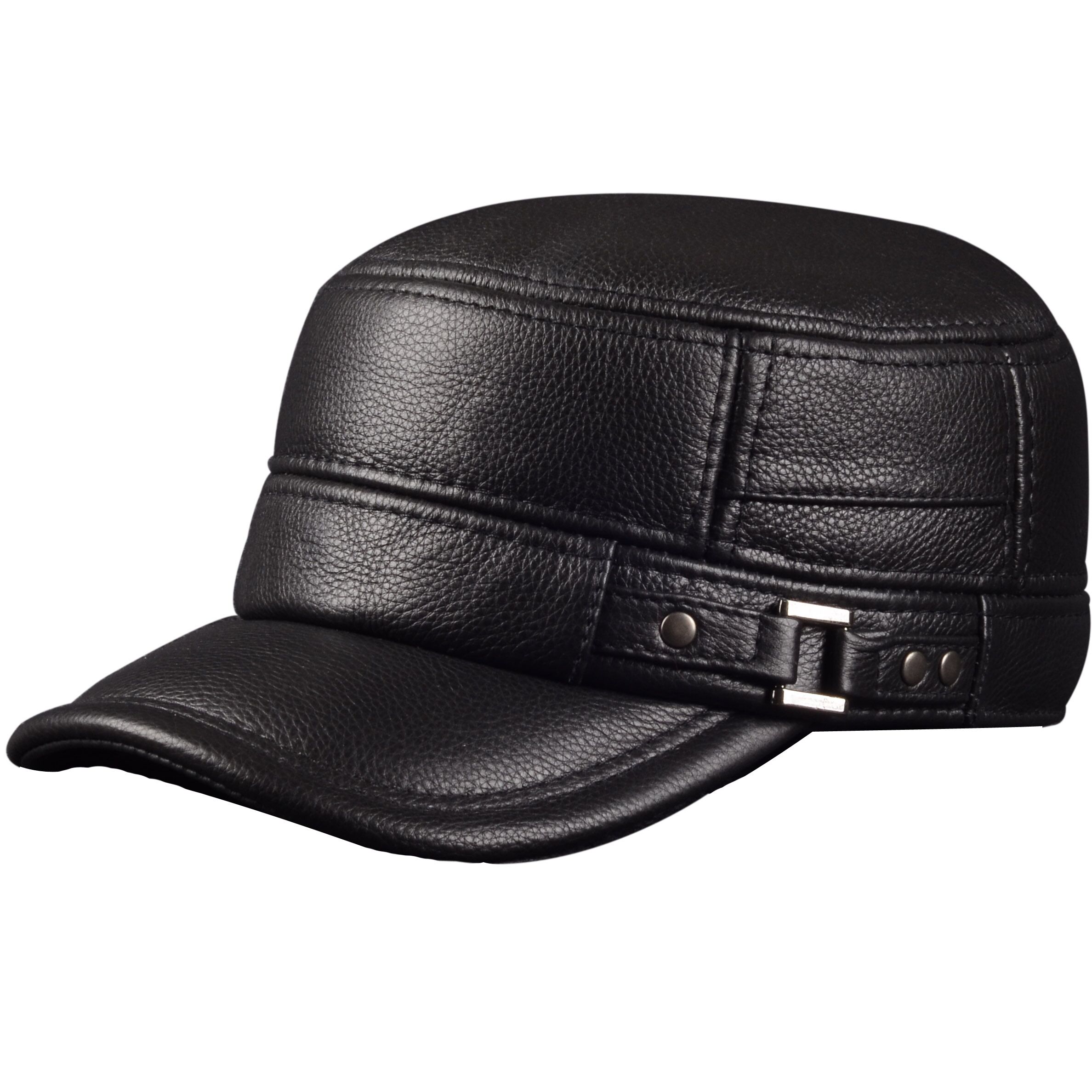 头层牛皮男帽冬季中老年人鸭舌帽护耳保暖真皮帽子户外平顶帽军帽