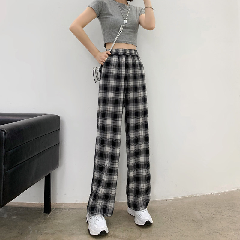 黑白格子裤女夏薄款2020新款时尚宽松直筒高腰休闲裤
