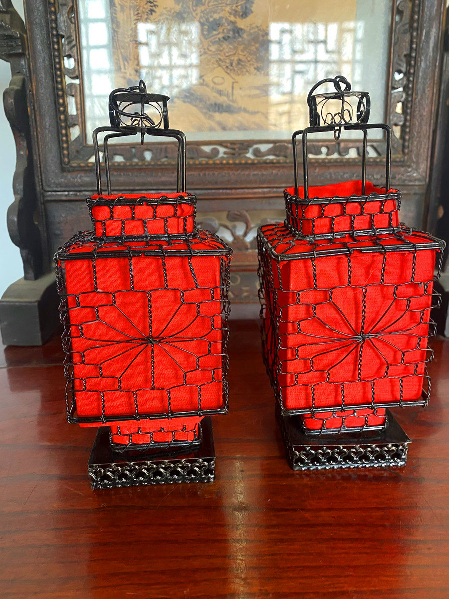 手工编织铁丝方形中花小灯笼传统复古工艺茶台灯笼