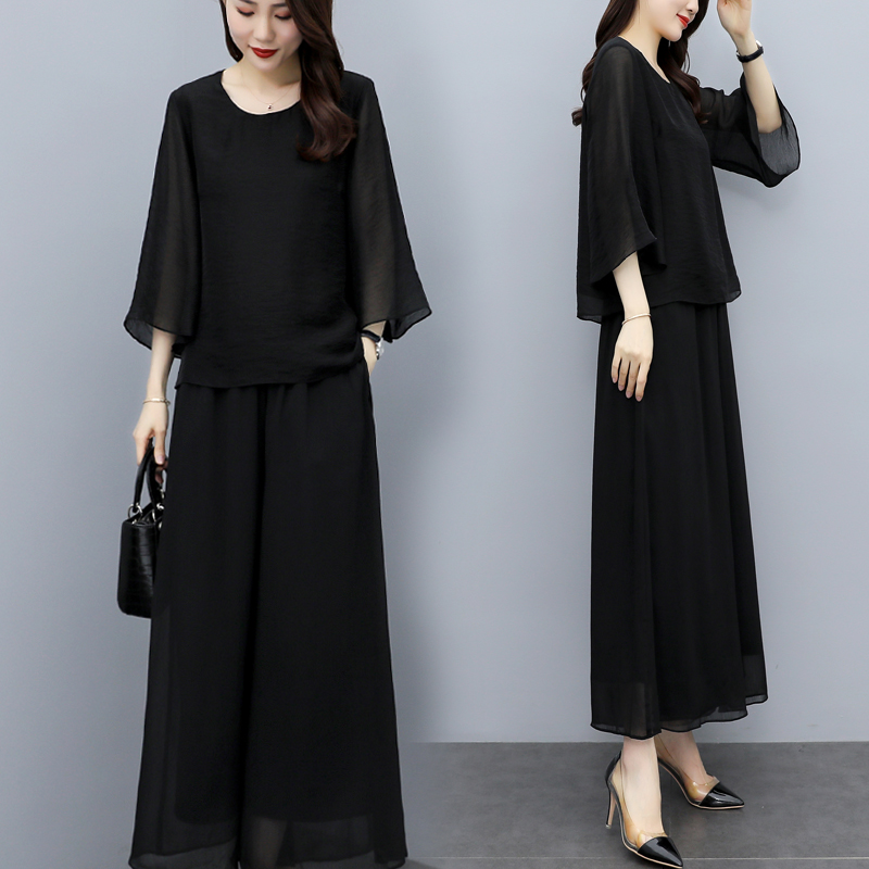 2022新款宽松显瘦遮肚大码雪纺上衣黑色阔腿裤两件套时尚套装女夏