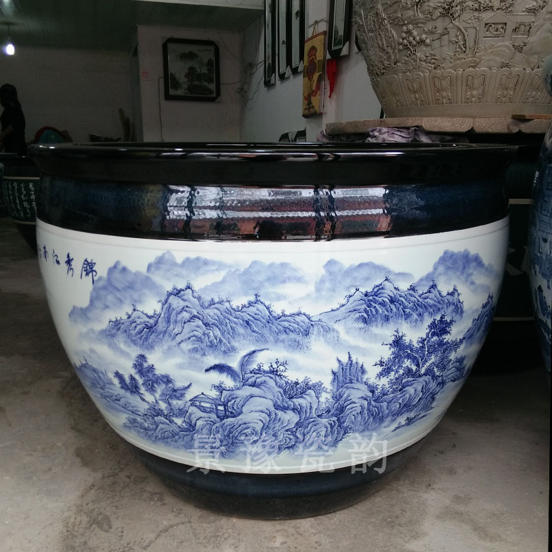 包邮景德镇陶瓷特大鱼缸手绘青花种树花盆荷花锦鲤桌面缸