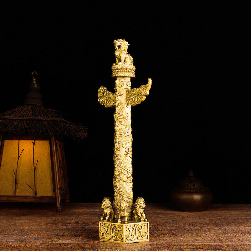 黄铜大号精致华表流云盘中中华柱龙招财聚财摆件