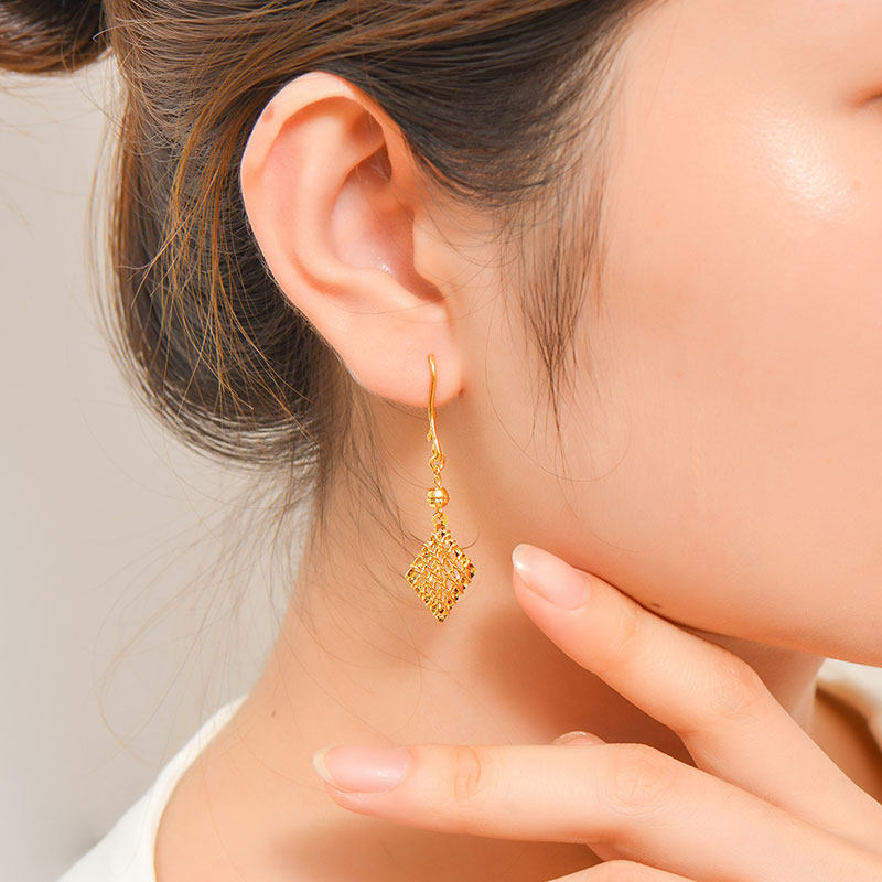 源盛福新款足金999精品菱形镂空黄金耳吊正品时尚百搭女款耳饰
