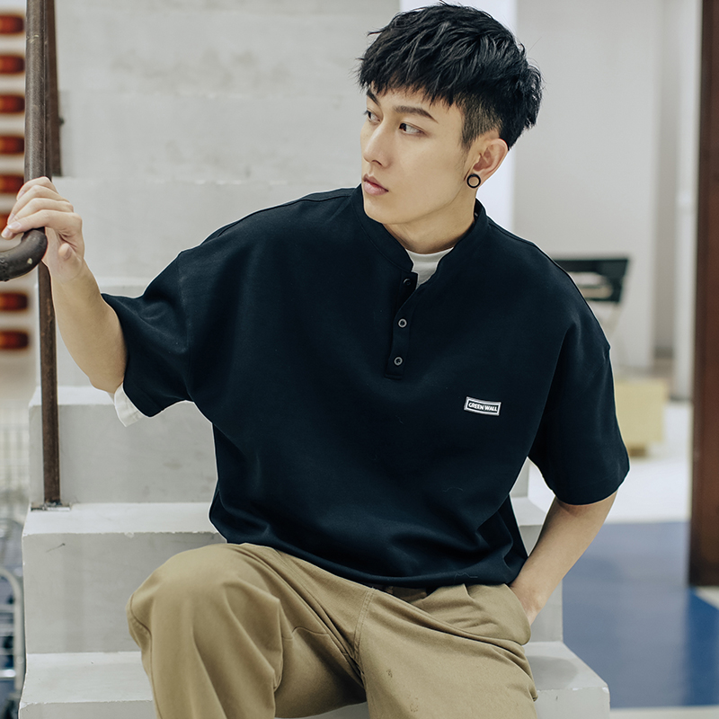 短袖polo衫男潮牌立领夏季男士t恤男装棒球美式宽松半袖港风重磅