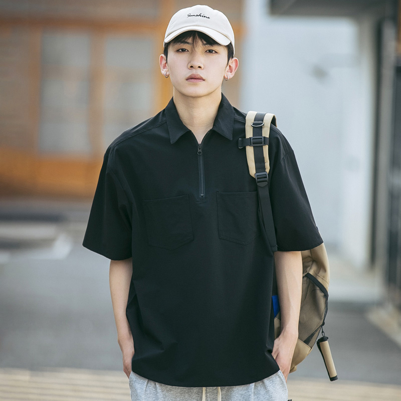 polo衫男半拉链男士短袖t恤夏季工装plol薄款衬衫领日系美式冰丝T