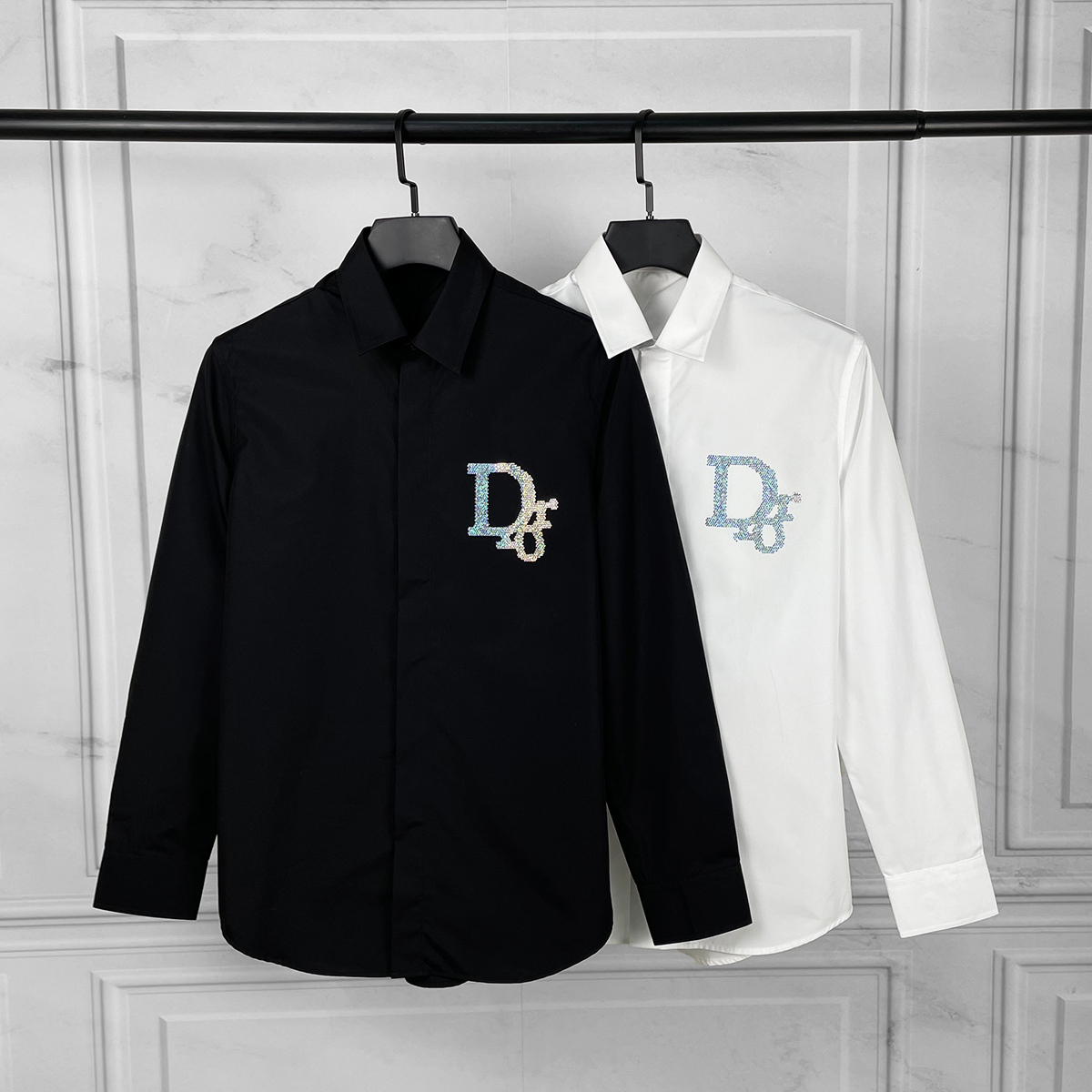 潮牌春季新款字母闪钻男士修身时尚衬衫商务休闲潮流衬衣男走秀款