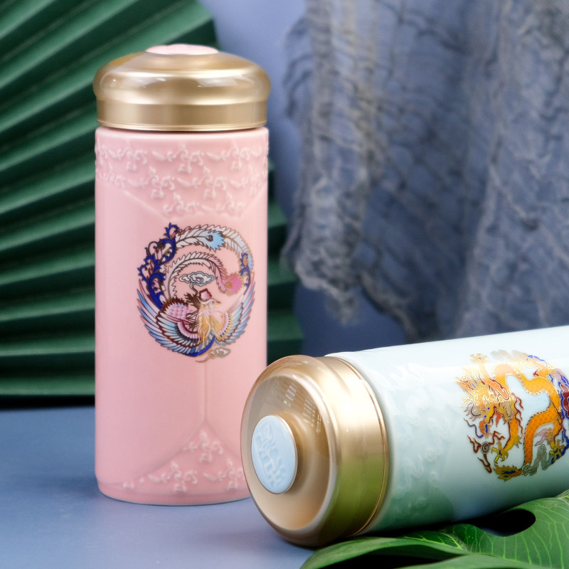 乾唐轩活瓷瓷杯龙凤呈祥随身鸿图大展双层陶瓷水杯随手杯