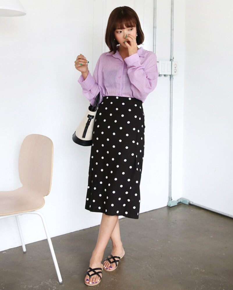 大码女波点半身裙女春夏新款一步高腰中长包臀裙半身裙