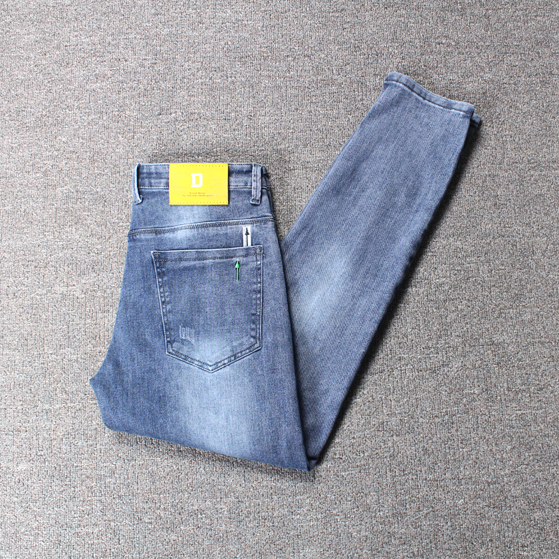 牛仔裤男蓝色夏季弹力潮牌2021新款修身小直脚男士时尚都市长裤子