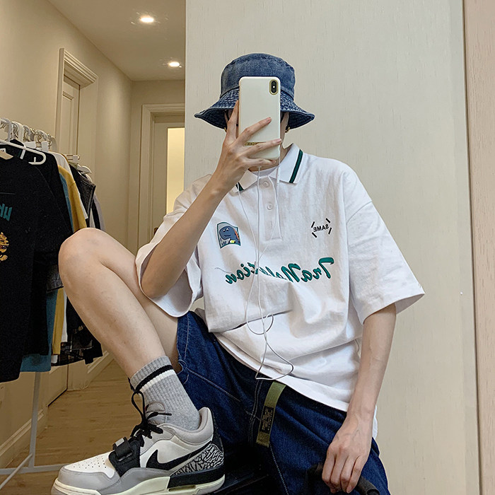 les帅t林弯弯夏季韩国卡通印花polo衫情侣五分袖翻领短袖t恤男女