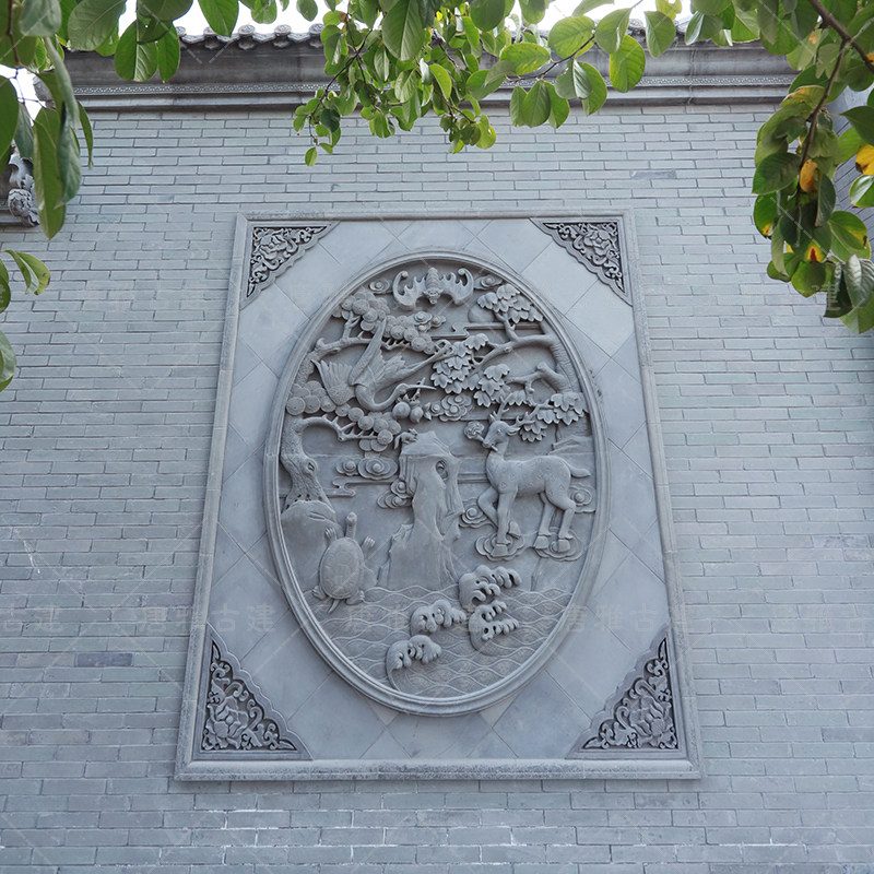 古建四合院庭院影壁中式别墅茶楼会所外墙椭圆形砖雕