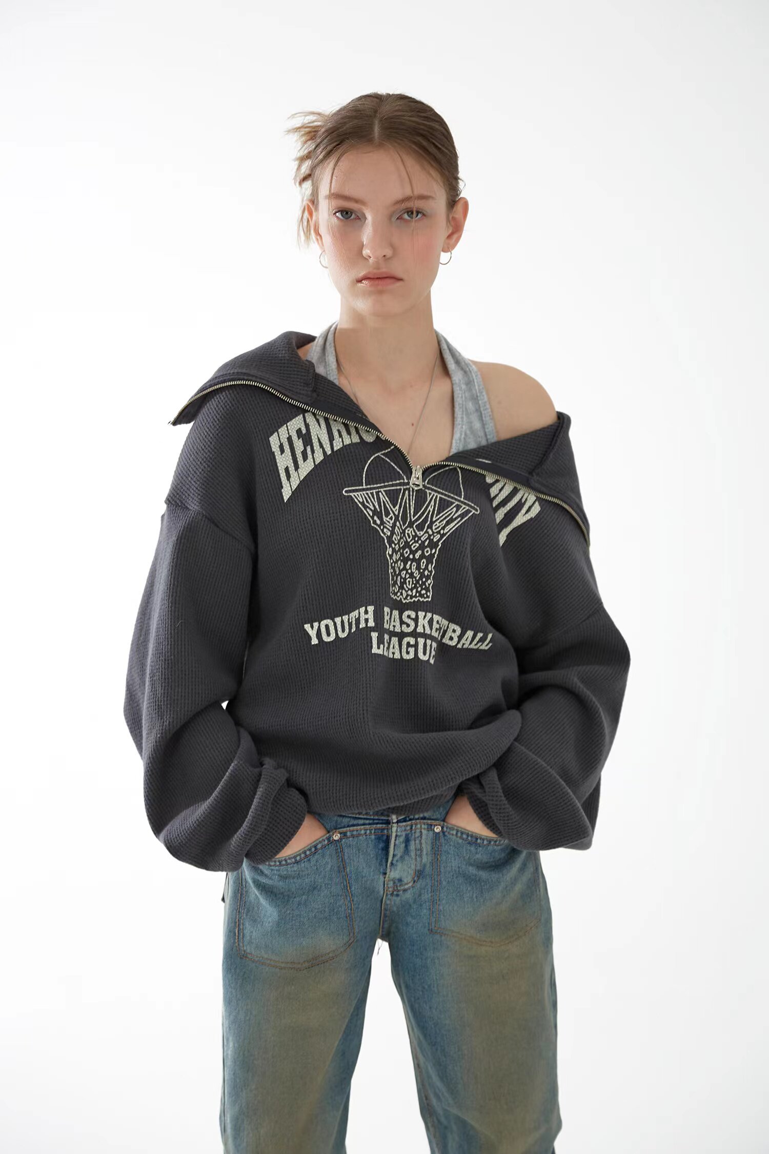 eihey诶嘿春季半拉拉链高领美式印花华夫格宽松卫衣