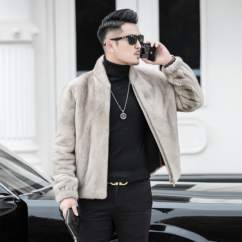 2022新款海宁貂皮外套男棒球服真皮夹克整貂短款大衣水貂毛皮草潮