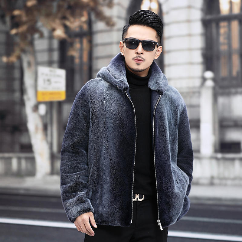 新款进口貂皮外套男整貂连帽潮流皮草外套海宁貂皮大衣男真水貂毛