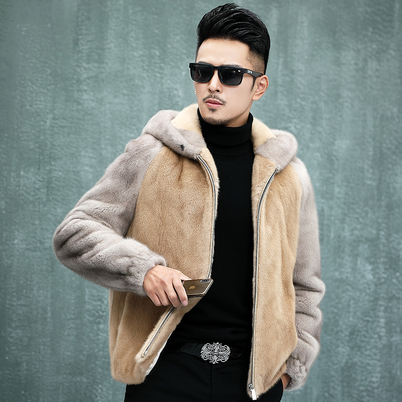 新款天鹅绒貂皮大衣男整貂连帽短款潮流海宁官方旗舰皮草男外套