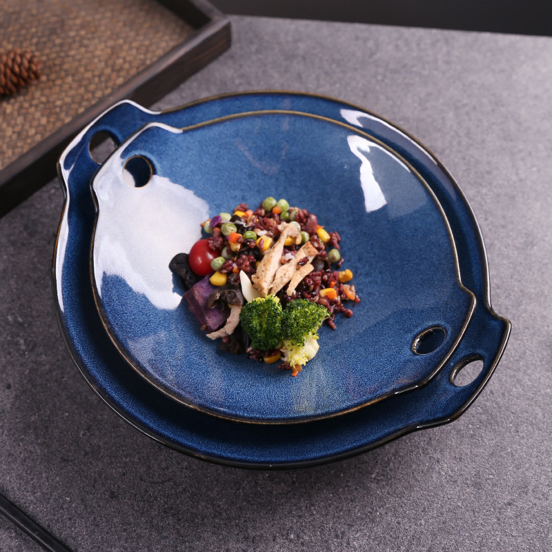 北欧陶瓷双耳圆形盘菜盘子深盘干锅碗盘特色盘