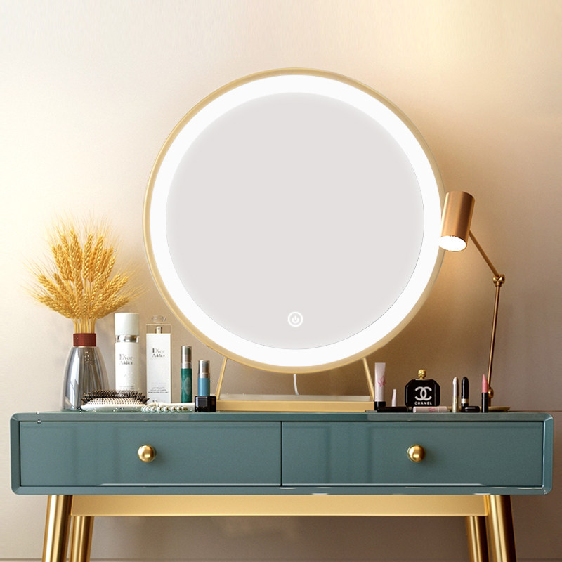 化妆镜led发光光带复古桌面宿舍铁艺台式化妆台柜镜