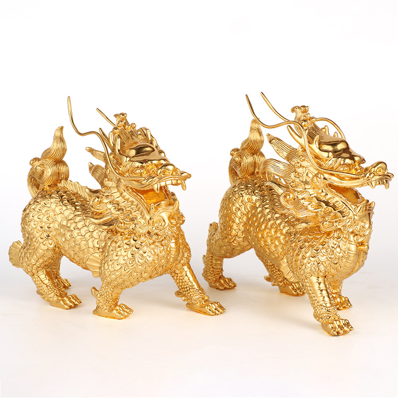 摆件台湾纯铜贴金金麒麟一对麒麟招财门厅客厅摆件