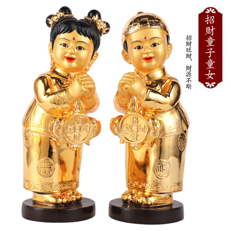 招财台湾纯铜鎏金童子童女佛像善财童男龙女摆件