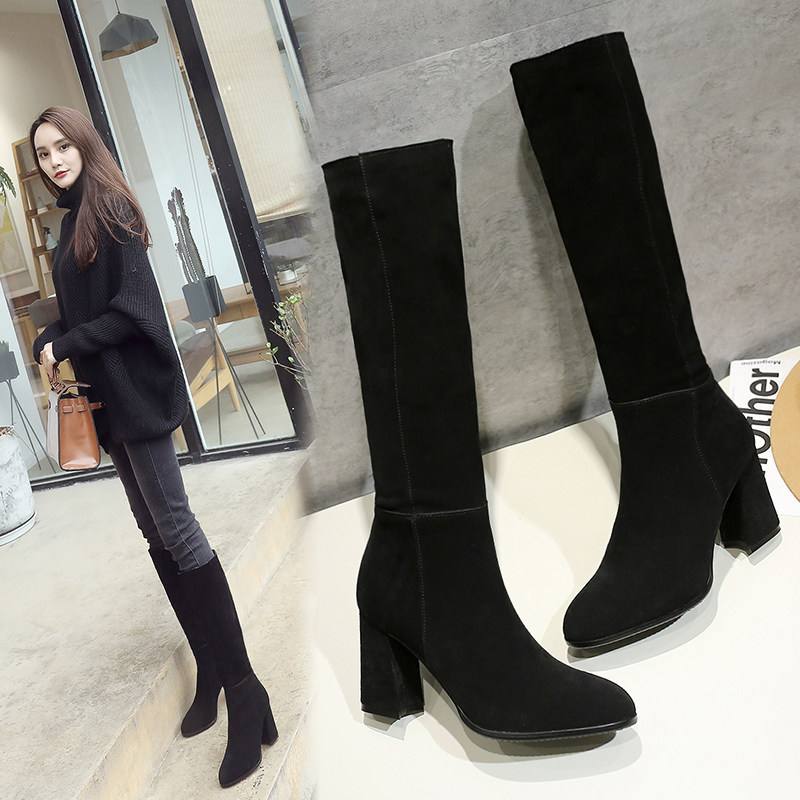 小个子高跟半靴粗跟高筒靴不过膝盖真皮磨砂中筒时装靴