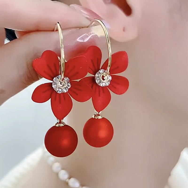 2022新款潮女大红红色花瓣耳圈耳环纯银银针耳环