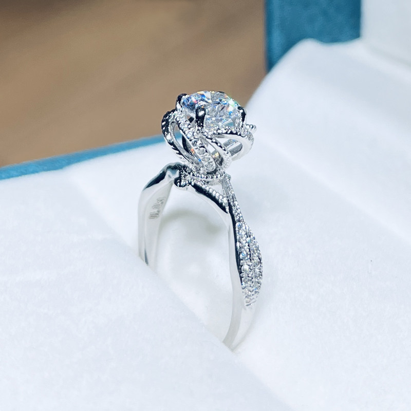 玫瑰喷泉仿真钻戒纯银铂金pt950小众设计高级戒指