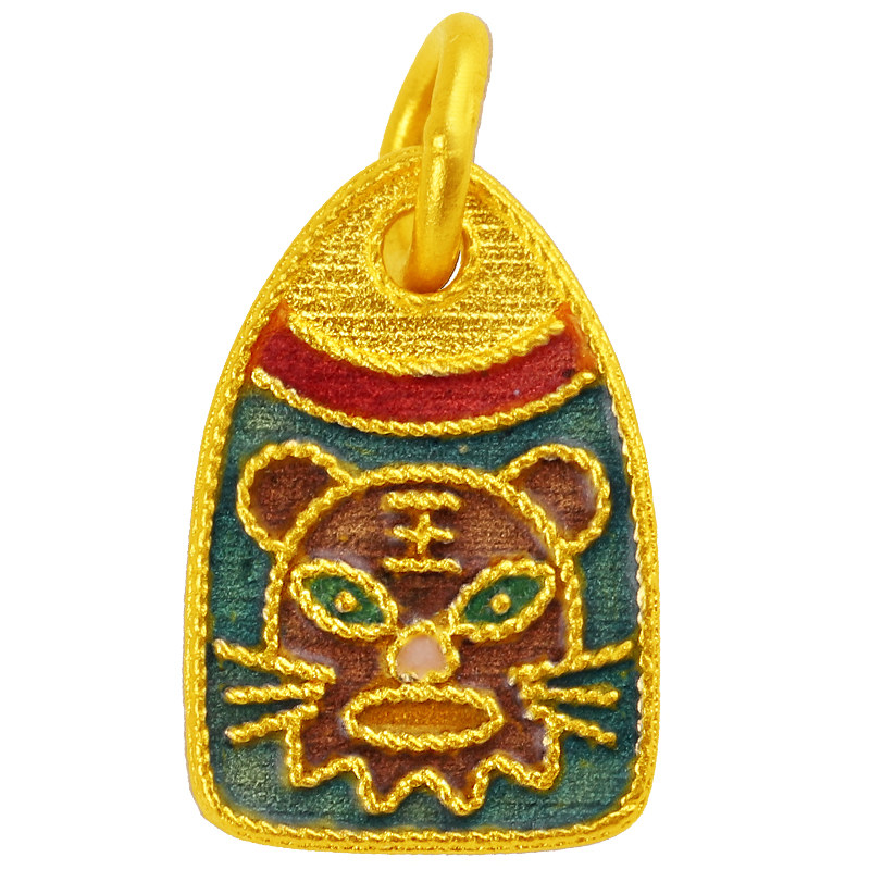 黄金古法实心小老虎牌吊坠足金烧蓝虎年生肖手饰