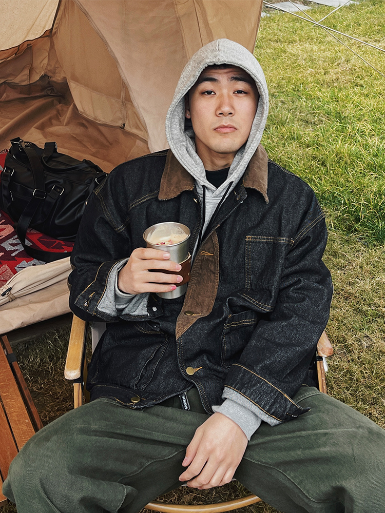 HYMG Studio复古重工多口袋牛仔外套撞色不规则拼接日系上衣男潮