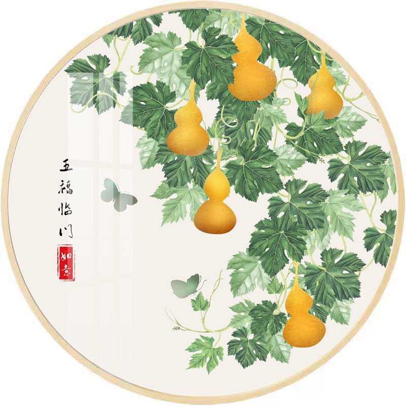 新中式禅意水墨招财风水水葫芦圆形装饰画现代酒店现代装饰画