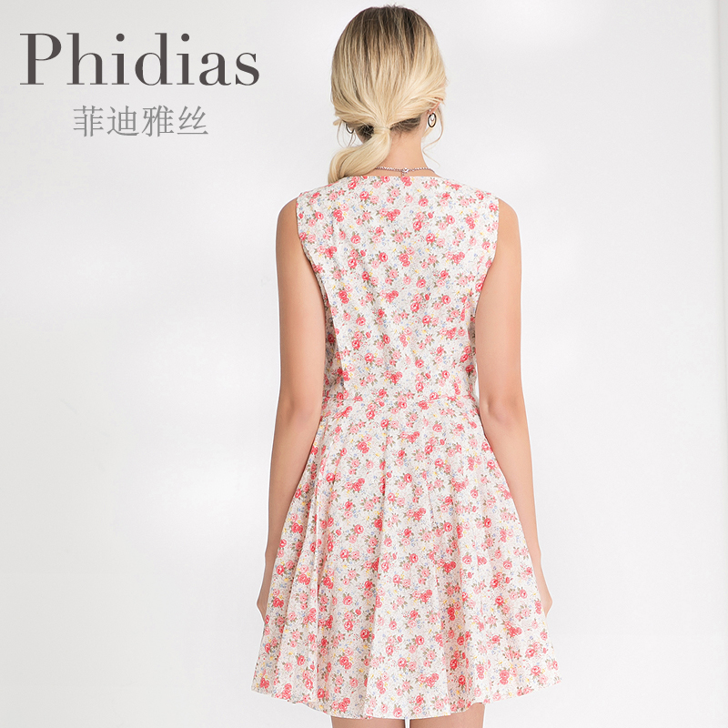 phidias品牌女装2018夏新款无袖中款印花棉质连衣裙欧美修身裙子