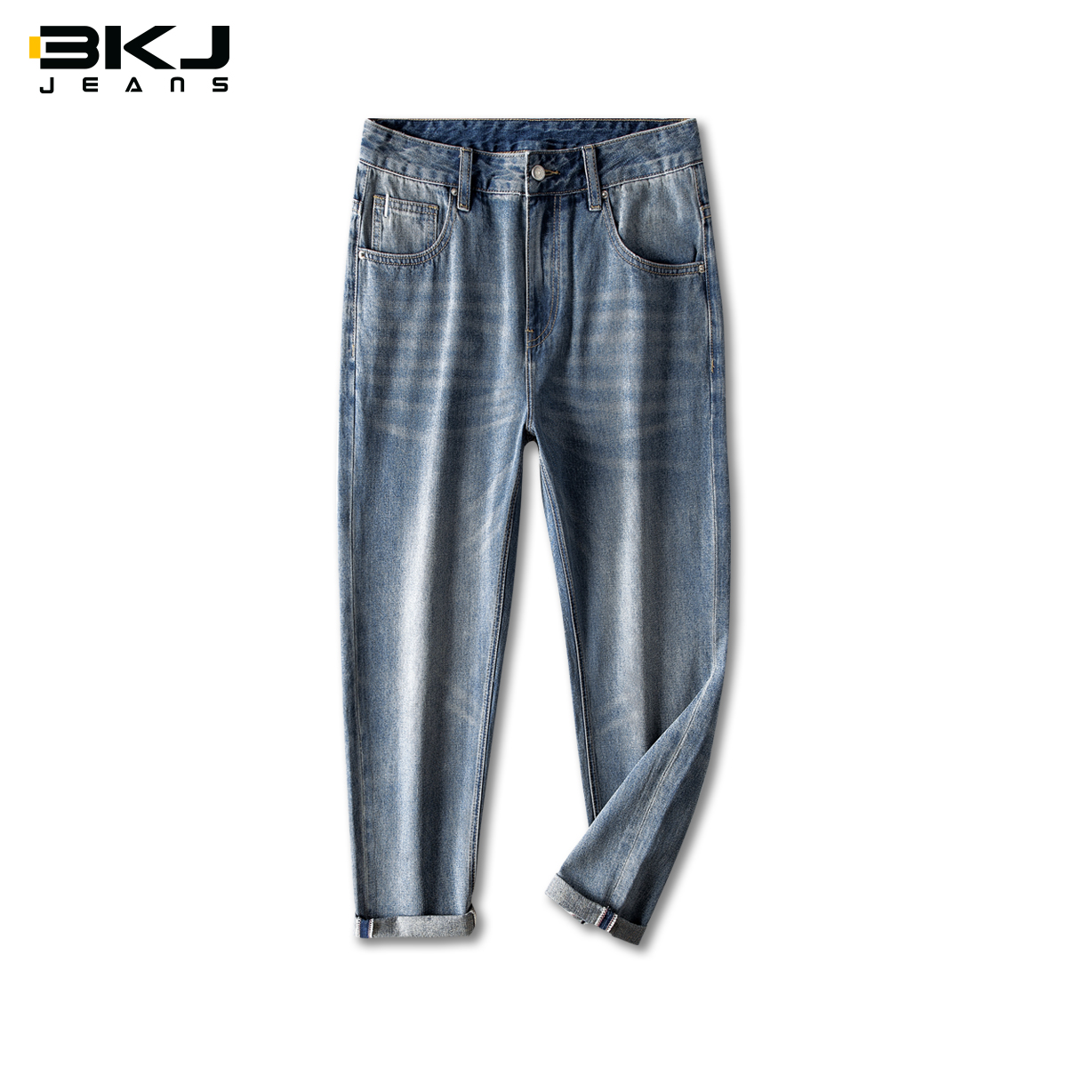 BKJ柔软舒适 全棉高端九分牛仔裤直筒宽松2021春秋季新款男士裤子