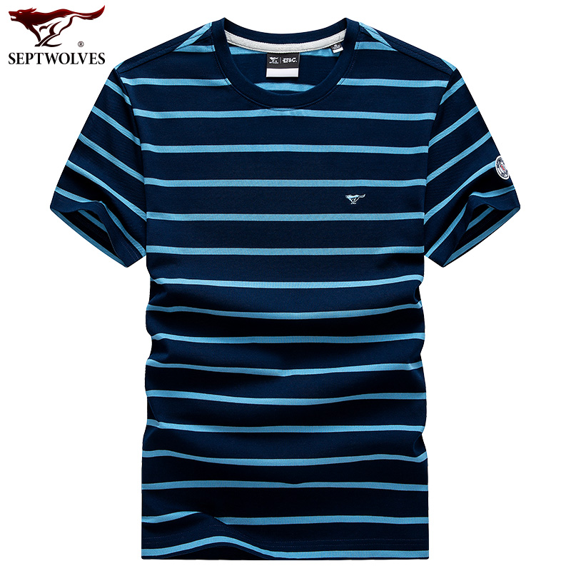 七匹狼短袖t恤男装冰丝光棉2022夏季新款圆领条纹纯棉上衣半袖