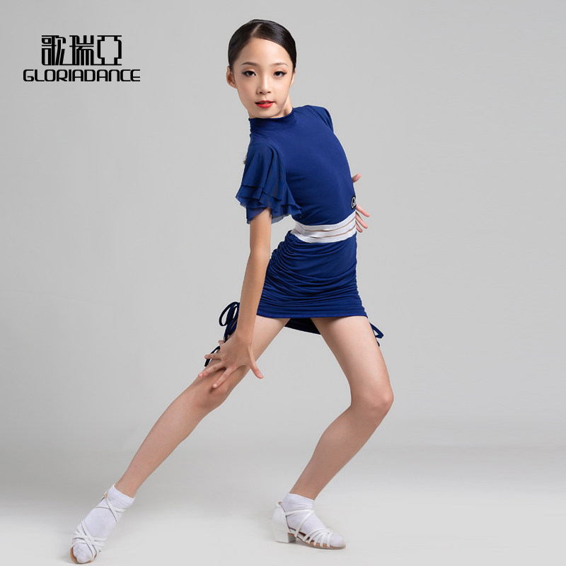 歌瑞亚拉丁舞女网纱袖露背抽褶连衣裙儿童练功训练拉丁舞练习套装